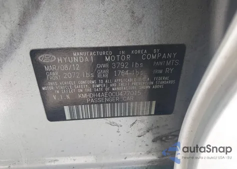 2012 Hyundai Elantra Limited (Ulsan Plant) z USA, uszkodzony, nr VIN KMHDH4AE0CU477015